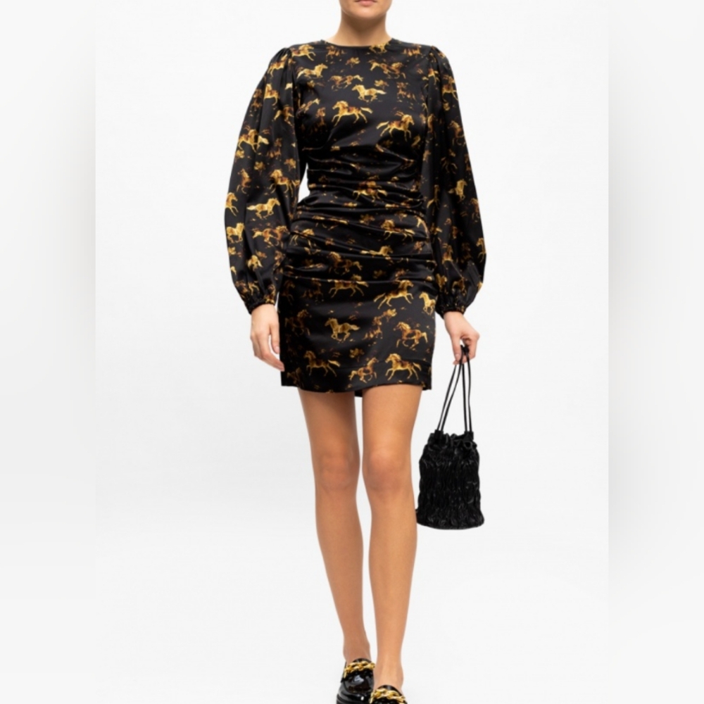 GANNI Silk Stretch Satin Black Horses Print Ruched Mini Dress Size 6 38